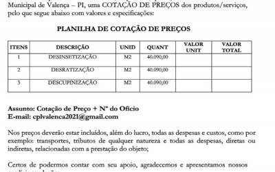 Prefeitura Municipal de Valença cota licitação de R$ 122.700,00 para matar insetos, ratos e cupins nos prédios públicos